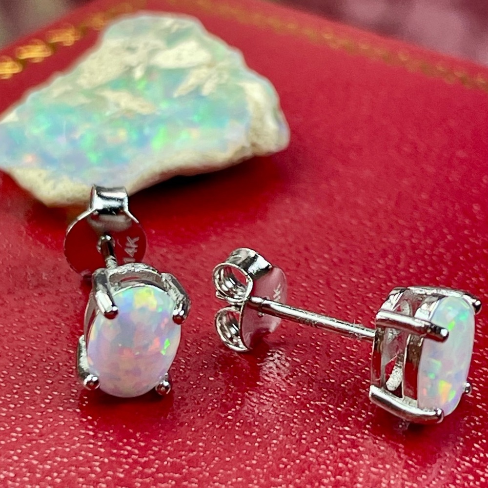 14K 2ct Australian‼️ Opal White Gold Earrings - Picture 4 of 16